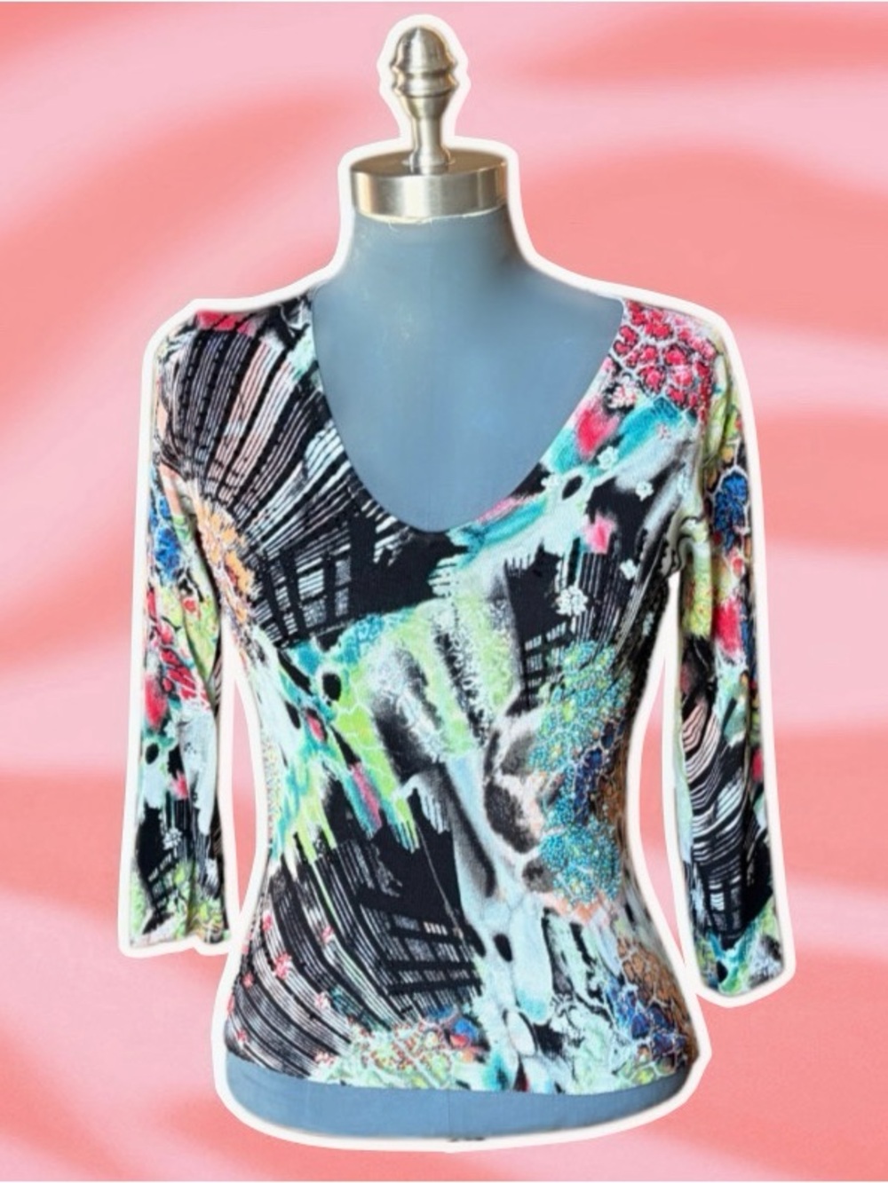 Abstract Print Scoop Neck Women's Top - Black Multi